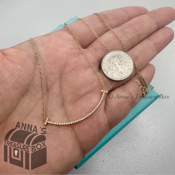 Tiffany & Co. 18K Yellow Gold SMALL T Smile Pendant w/Diamonds 16.5" Necklace - Picture 8 of 9